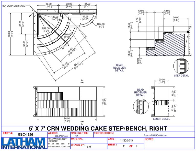 90 Deg. Steel Wedding Cake Corner Steps 42" (w/ 6" Radius Inserts) w/ Left Bench (5' x 7')